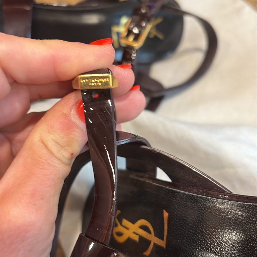 Yves Saint Laurent Burgundy Patent Leather T-Strap Platform Heels - Picture 11 of 13
